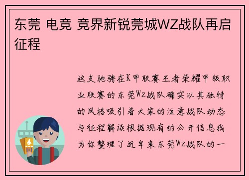 东莞 电竞 竞界新锐莞城WZ战队再启征程
