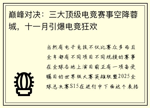 巅峰对决：三大顶级电竞赛事空降蓉城，十一月引爆电竞狂欢
